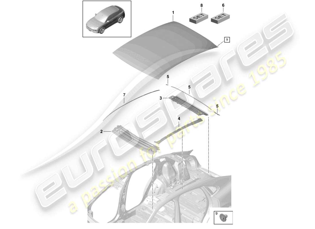 porsche 2024 (cayenne e3 9ya/9yb) panneau de toit extérieur traverse en carbone schéma des pièces du coupé
