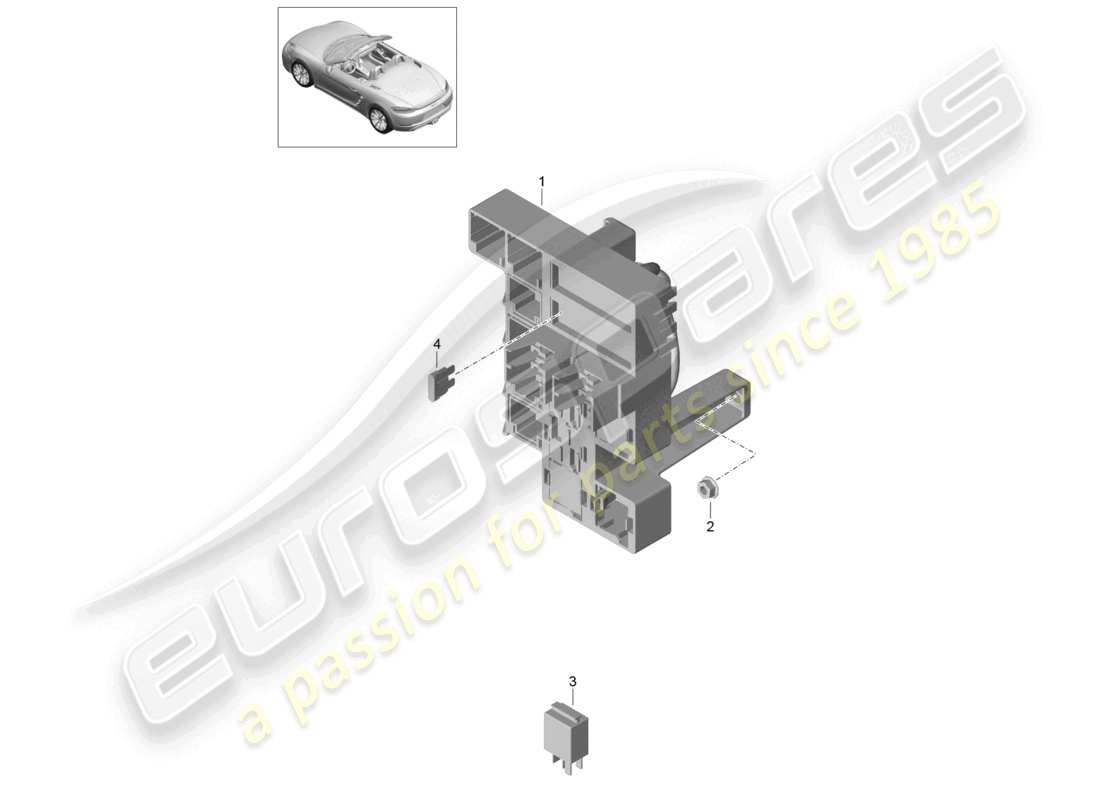 porsche 2024 (718 boxster) schéma des pièces du compartiment à bagages arrière du système électrique central