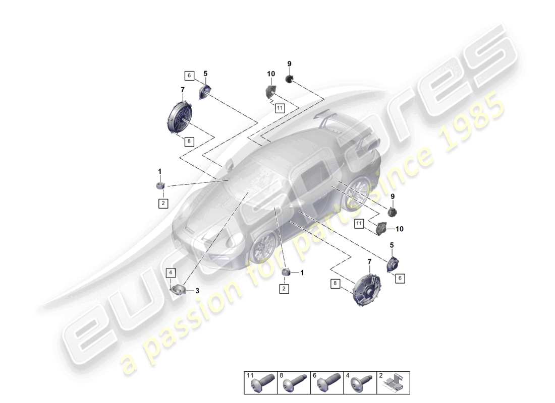 porsche 2025 (992-2 gt3) schéma des pièces du système audio bose de base des haut-parleurs