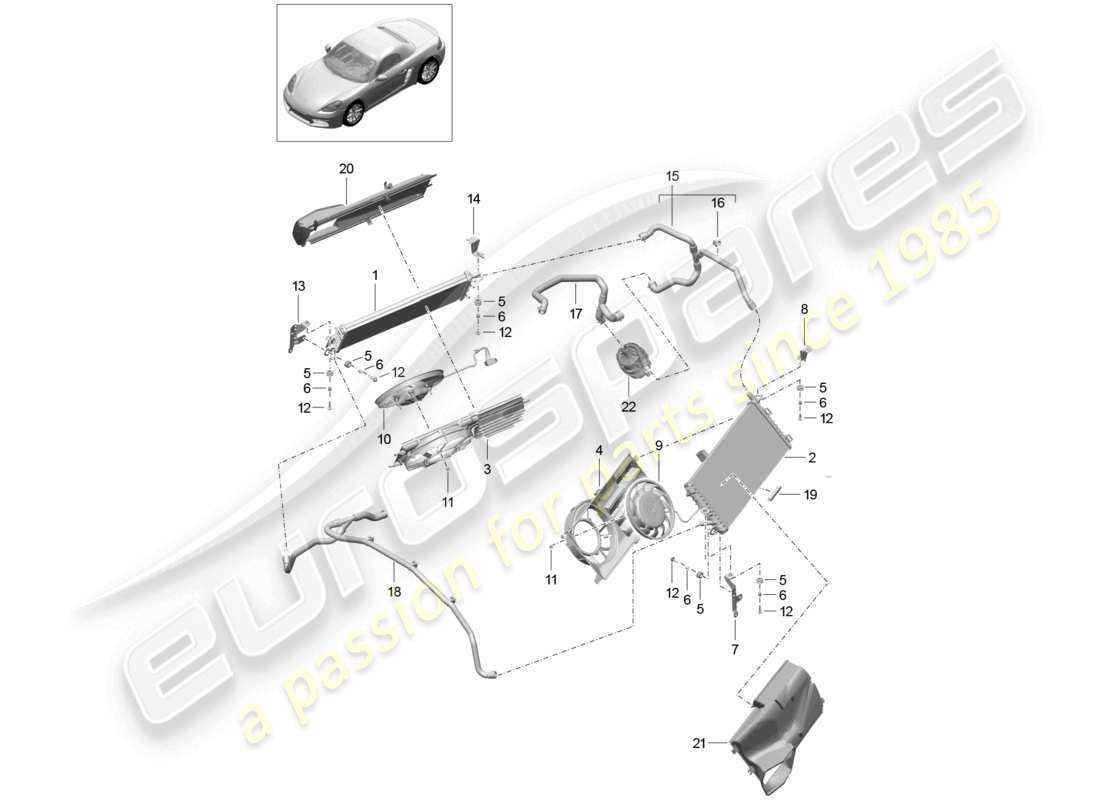 porsche 2023 (718 boxster) système de refroidissement du liquide de refroidissement ventilateur de radiateur partie arrière schéma des pièces