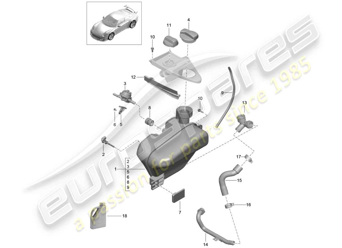 porsche 2021 (991-2 r/gt3/rs) schéma des pièces du réservoir du système de refroidissement du liquide de refroidissement