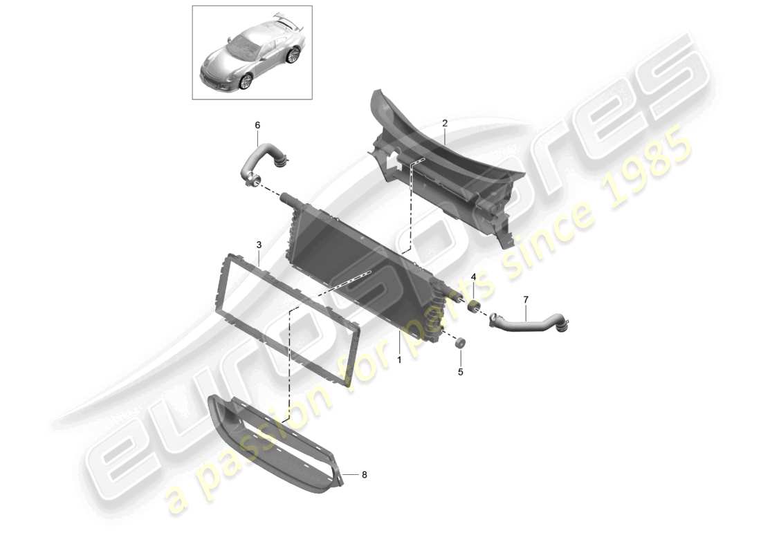 porsche 2021 (991-2 r/gt3/rs) schéma des pièces du refroidisseur pour le centre de liquide de refroidissement