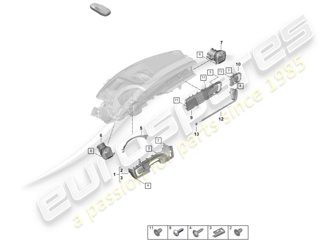 porsche 2024 (panamera 976) pièces de fixation du tableau de bord, moulures avant, schéma des pièces