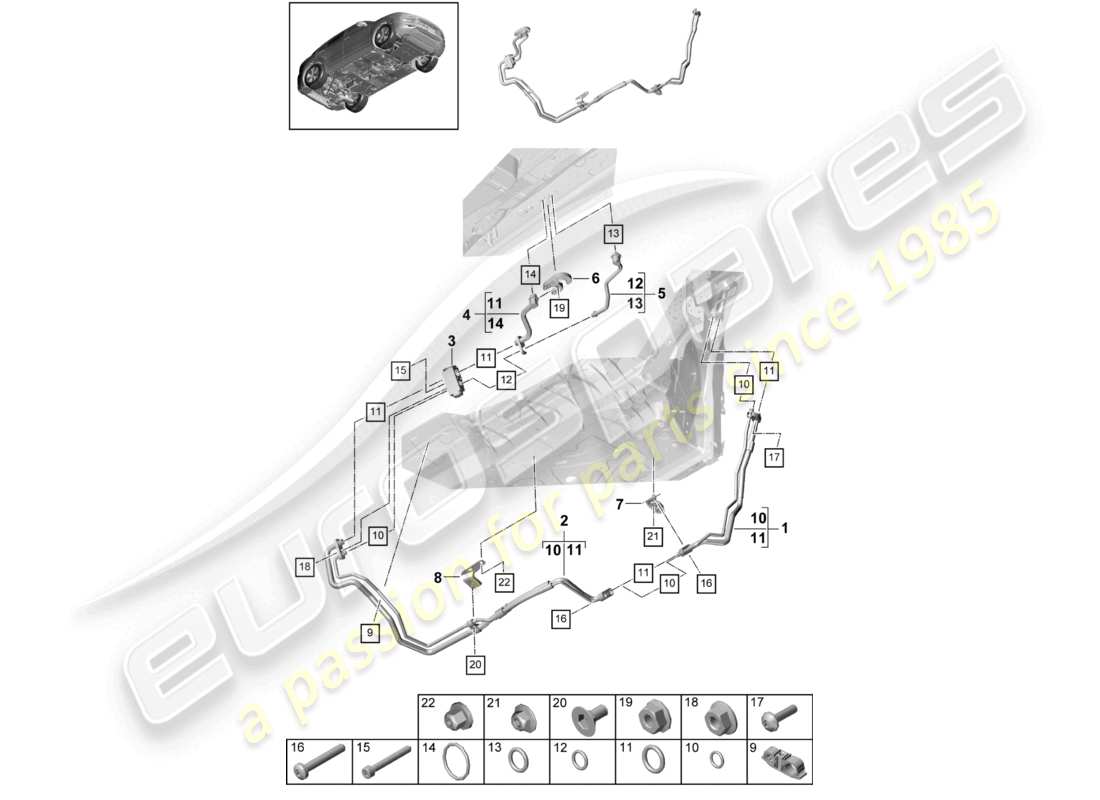 porsche 2024 (cayenne e3 9ya/9yb) schéma des pièces du soubassement de la conduite de réfrigérant de climatisation