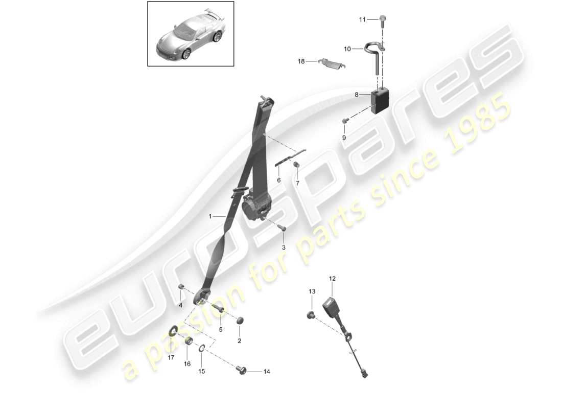porsche 2021 (991-2 r/gt3/rs) ceinture de sécurité à trois points avant schéma des pièces