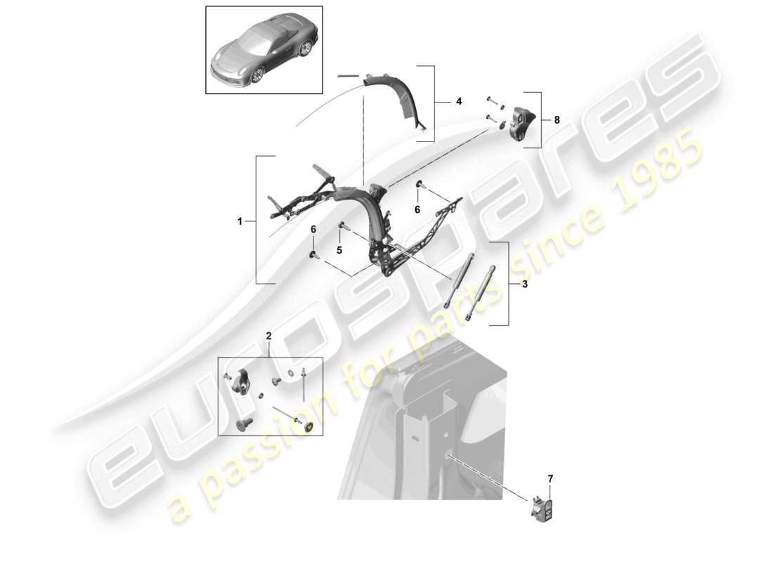 porsche 2021 (991-2 r/gt3/rs) schéma des pièces latérales du cadre supérieur