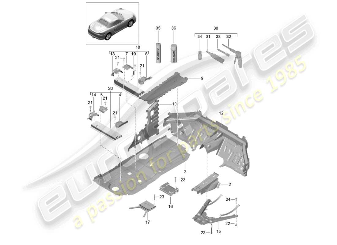 porsche 2023 (718 boxster) schéma des pièces centrales des plaques de plancher