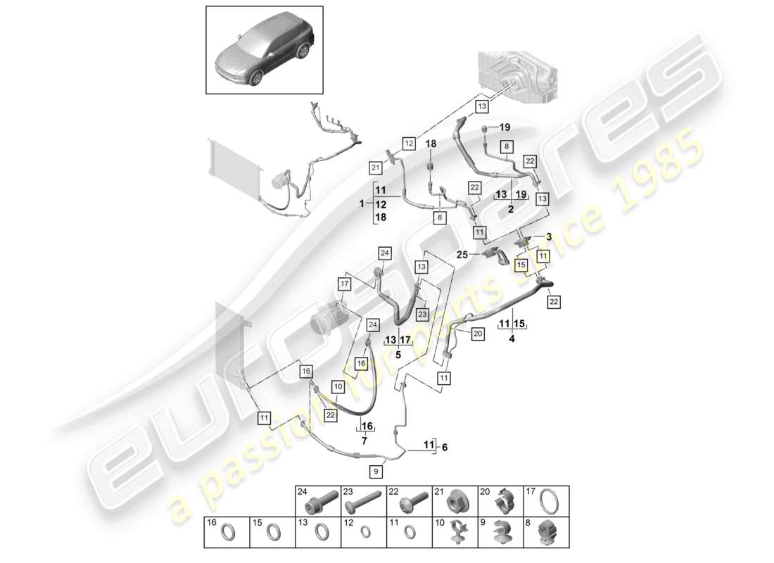 porsche 2024 (cayenne e3 9ya/9yb) schéma des pièces de la conduite de réfrigérant de climatisation v6 r134a