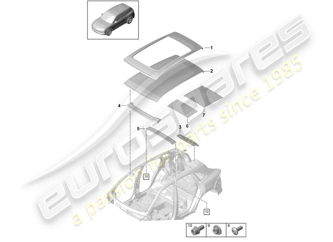 porsche 2024 (cayenne e3 9ya/9yb) schéma des pièces du hublot de toit