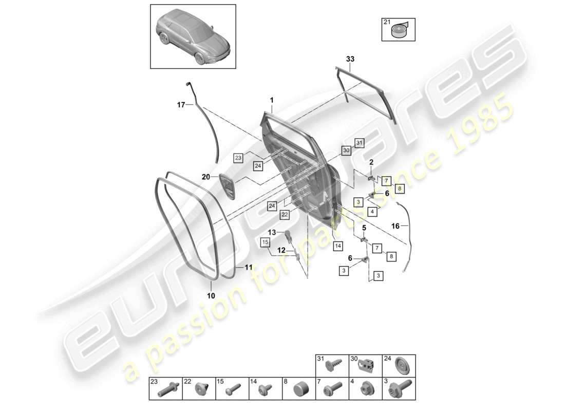 porsche 2024 (cayenne e3 9ya/9yb) schéma des pièces des joints de coque de porte arrière