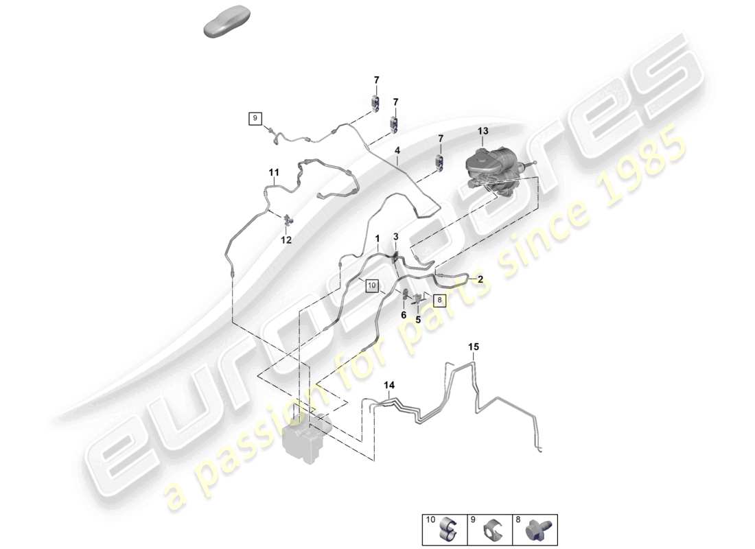 porsche 2025 (panamera 976) conduite de frein tuyau de frein de l'unité hydraulique au vase d'expansion du liquide de refroidissement schéma des pièces