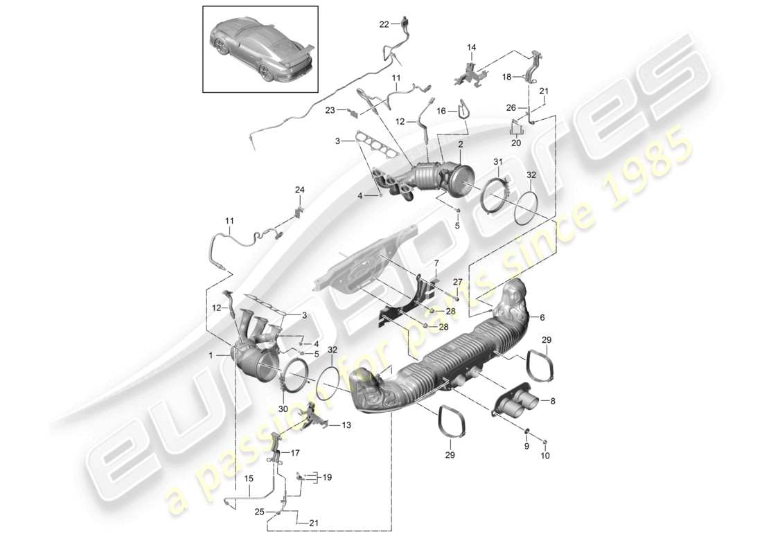 porsche 2021 (991-2 r/gt3/rs) système d'échappement gt3 rs pour les véhicules équipés d'un filtre à particules essence speedster schéma des pièces