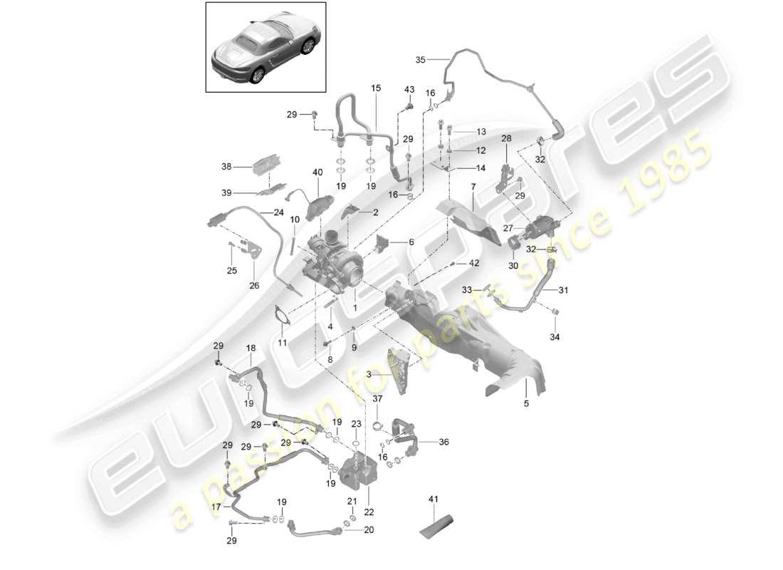 porsche 2026 (718 boxster) turbocompresseur à gaz d'échappement avec : isolation thermique tuyau d'huile tuyau de liquide de refroidissement schéma des pièces