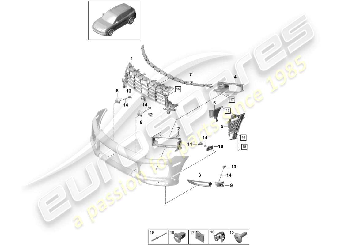 porsche 2024 (cayenne e3 9ya/9yb) pare-chocs avant pièces individuelles effet carbone et fixations pack sport design diagramme des pièces