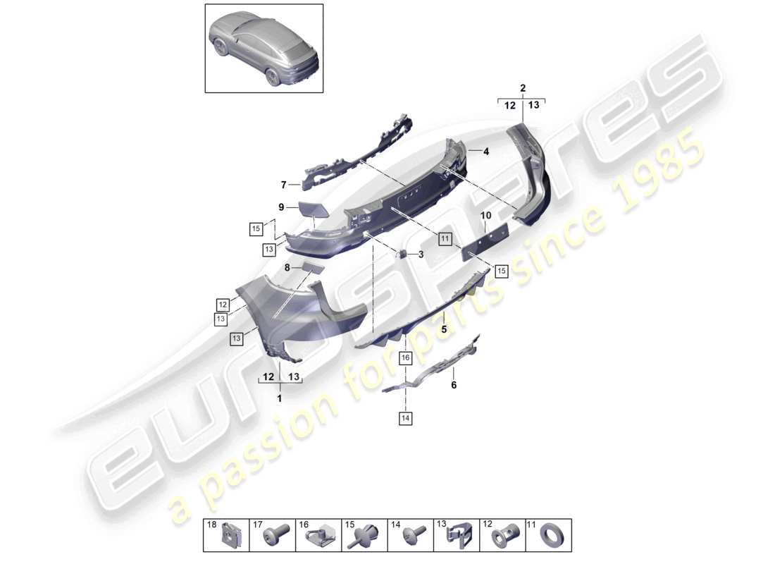 porsche 2024 (cayenne e3 9ya/9yb) schéma des pièces du pare-chocs arrière du coupé turbo gt