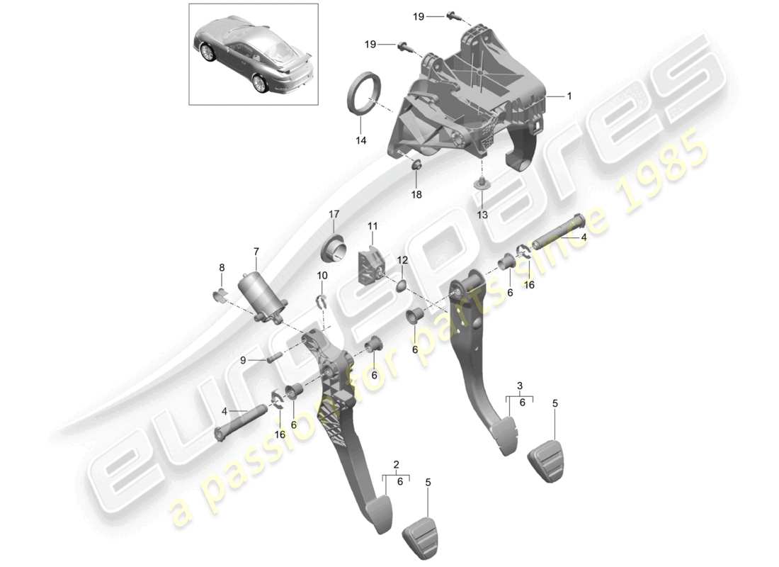 porsche 2021 (991-2 r/gt3/rs) mécanisme de levier de frein et d'accélération d - mj 2018>> schéma des pièces