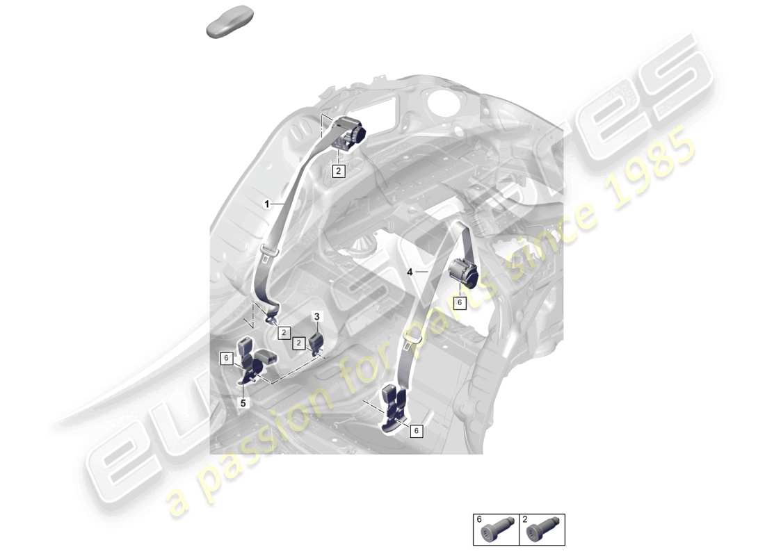 porsche 2024 (panamera 976) schéma des pièces de la ceinture de sécurité avec tendeur de ceinture arrière
