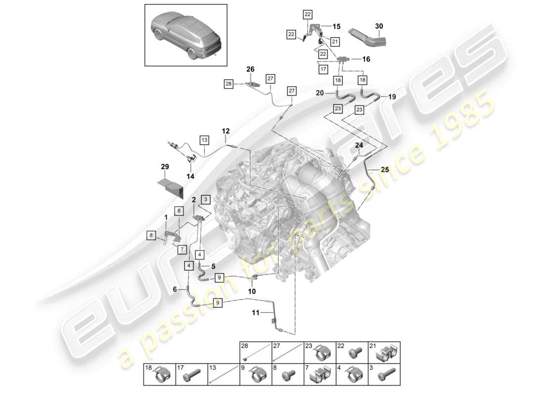 porsche 2024 (cayenne e3 9ya/9yb) ligne de commande avec transmetteur de différence de pression transmetteur de température des gaz d'échappement schéma des pièces