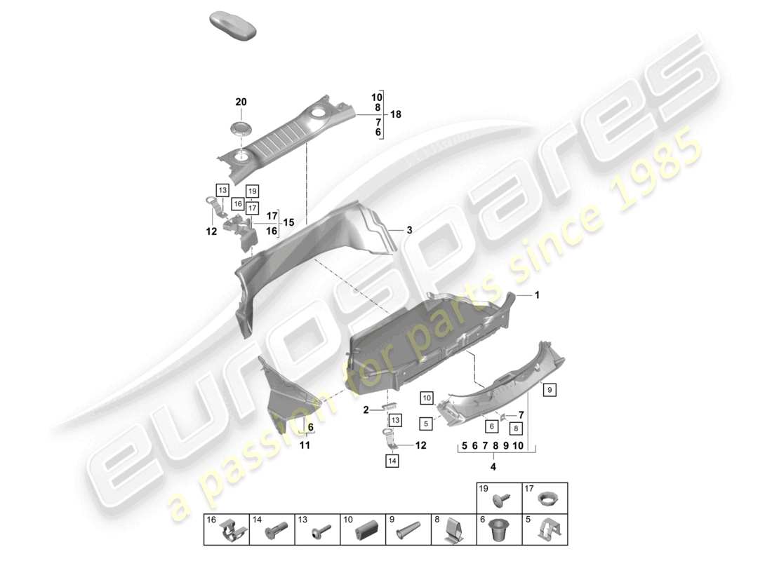 porsche 2021 (718 cayman gt4) doublure de coffre à bagages arrière schéma des pièces