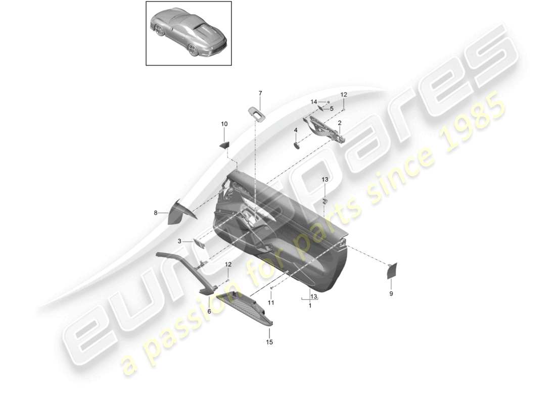 porsche 2021 (991-2 r/gt3/rs) panneau de porte accessoires pour modèles avec garniture en similicuir diagramme des pièces speedster