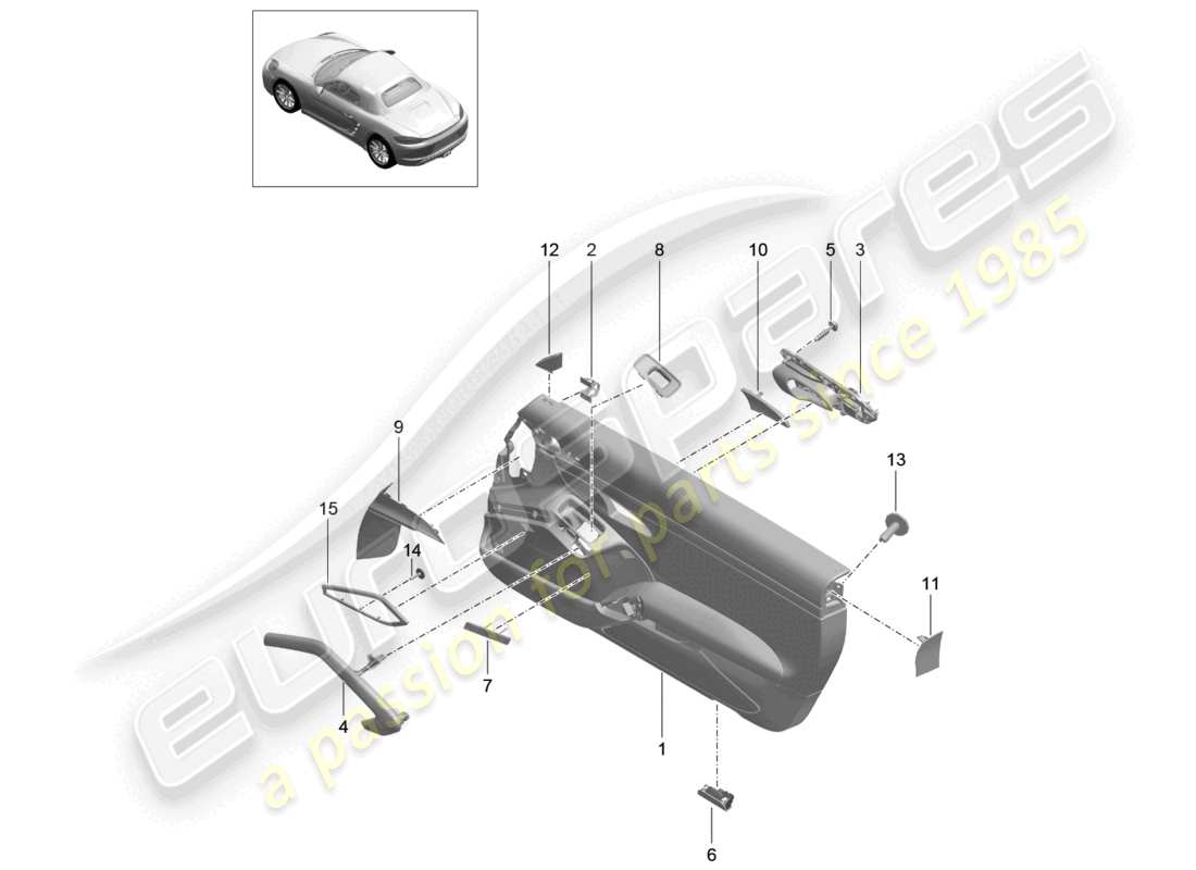 porsche 2024 (718 boxster) panneau de porte accessoires garniture en cuir acajou diagramme des pièces