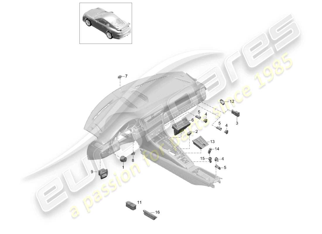 porsche 2021 (991-2 r/gt3/rs) schéma des pièces du panneau de commande de l'interrupteur de climatisation