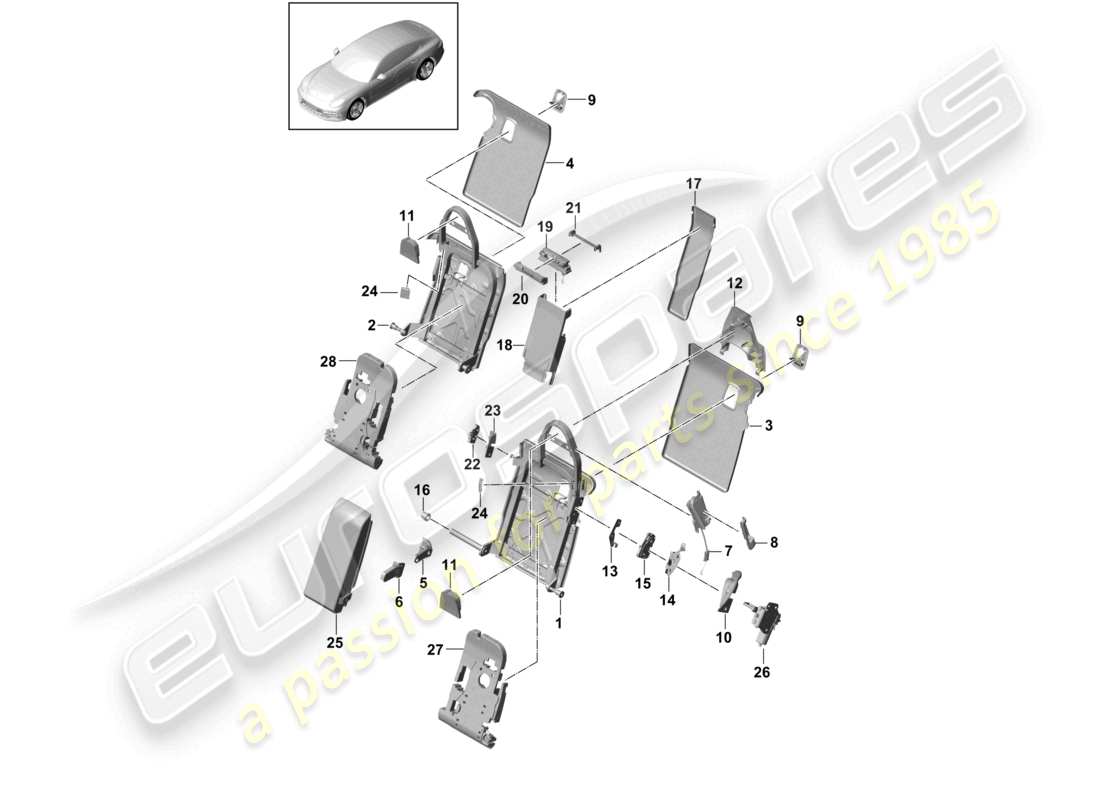 porsche 2021 (panamera 971-1) dossier de siège arrière accessoires de finition premium version confort version sport schéma des pièces