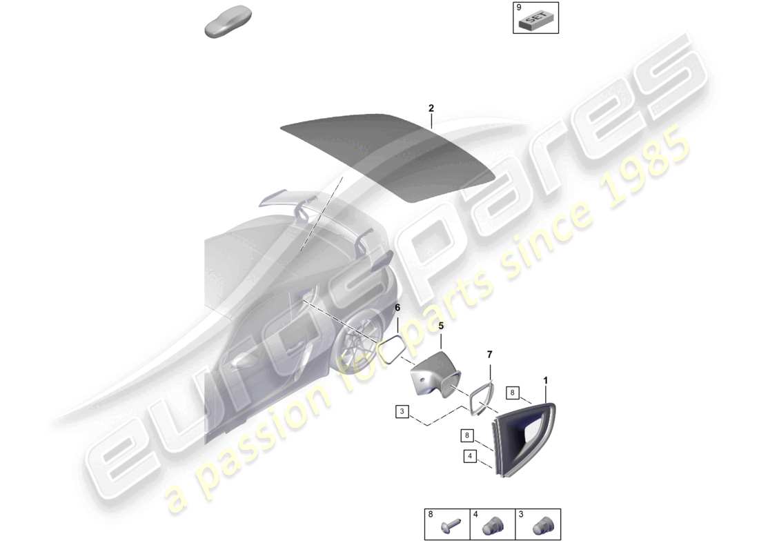 porsche 2020 (718 cayman gt4) schéma des pièces de la lunette latérale et de la lunette arrière