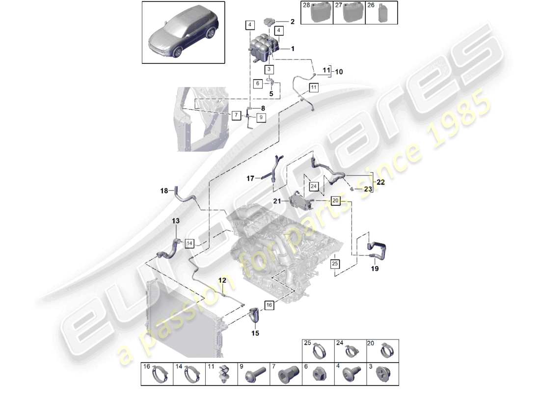 porsche 2021 (cayenne e3 9ya/9yb) système de refroidissement du liquide de refroidissement vase d'expansion du liquide de refroidissement tuyau de liquide de refroidissement schéma des pièces
