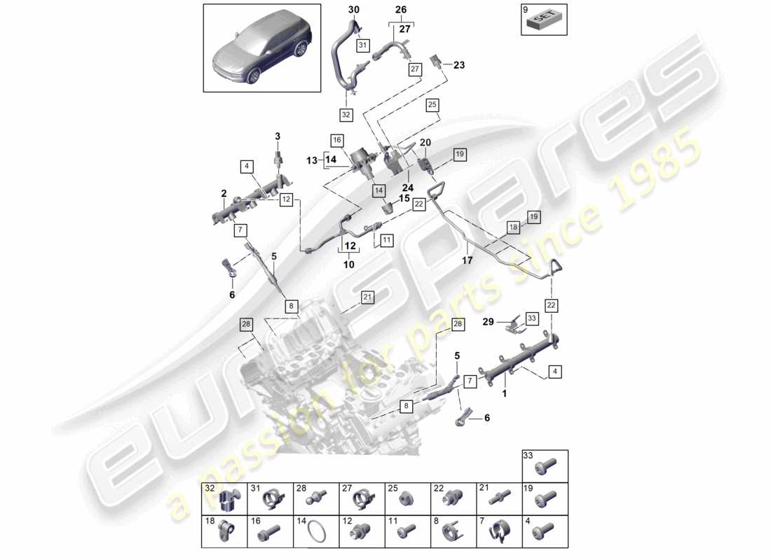 porsche 2021 (cayenne e3 9ya/9yb) schéma des pièces du tuyau de collecte de carburant, de l'injecteur haute pression et de la pompe haute pression