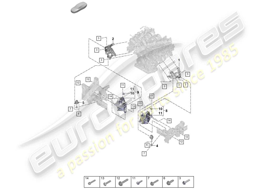 porsche 2025 (cayenne e3 pa) console inférieure de levage du moteur pour le montage du moteur schéma des pièces de montage du moteur