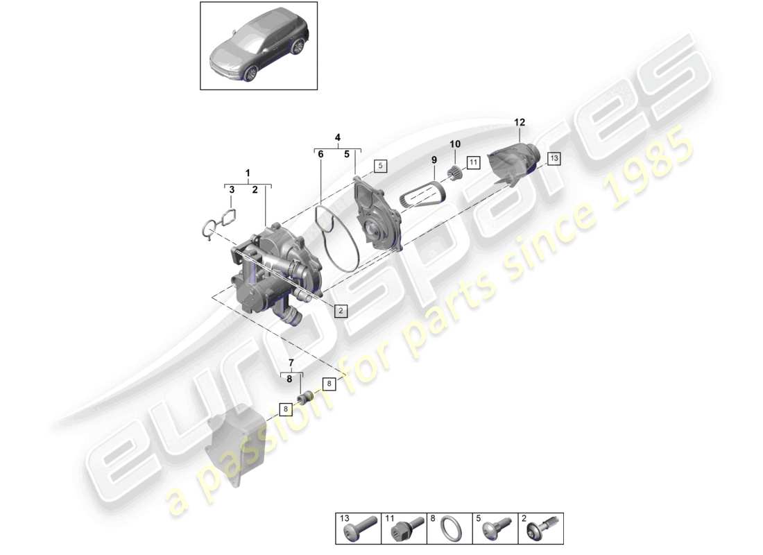 porsche 2021 (cayenne e3 9ya/9yb) régulateur de liquide de refroidissement pompe à liquide de refroidissement raccord union schéma des pièces