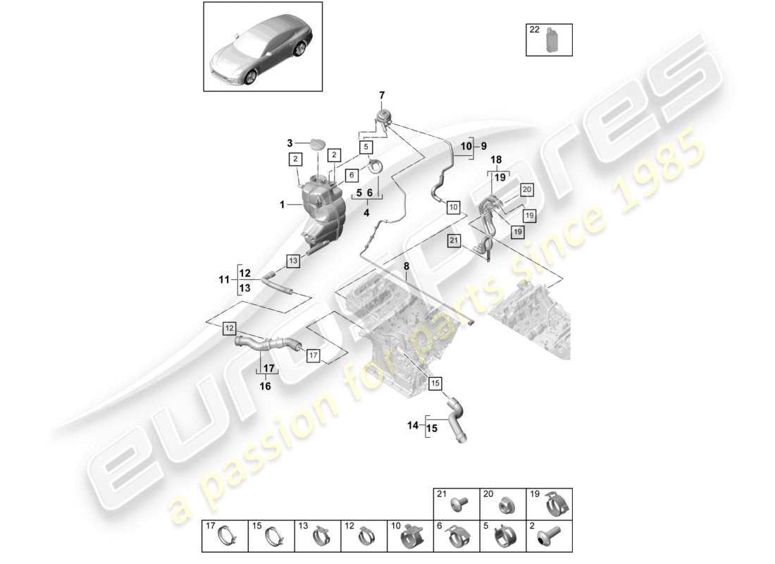 porsche 2021 (panamera 971-1) système de refroidissement du liquide de refroidissement vase d'expansion du liquide de refroidissement conduite de reniflard schéma des pièces