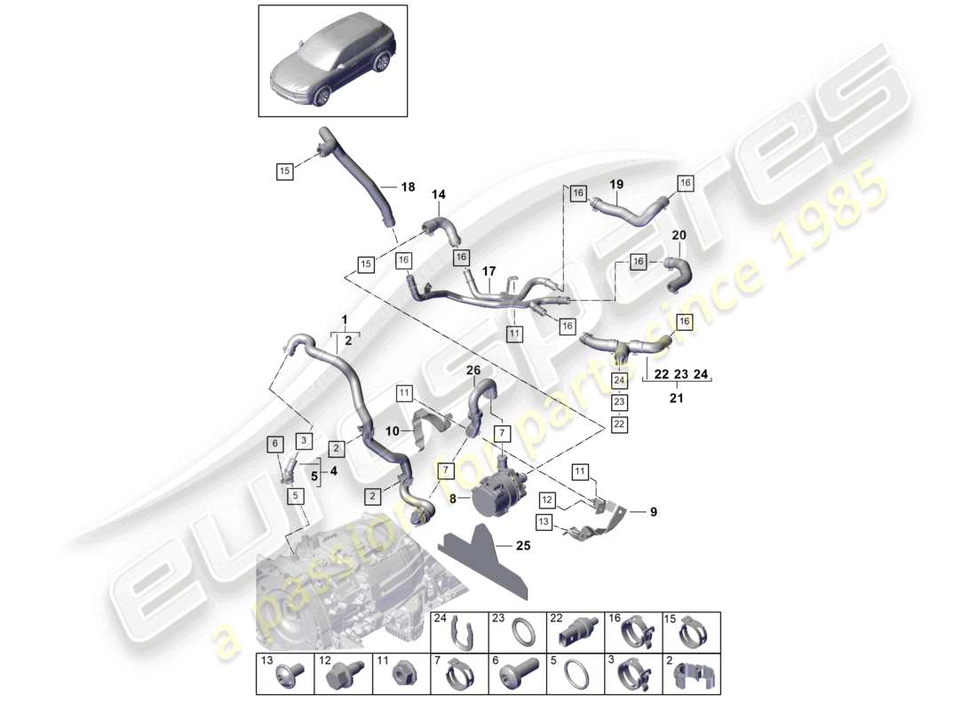 porsche 2021 (cayenne e3 9ya/9yb) système de refroidissement par liquide de refroidissement tuyaux de liquide de refroidissement schéma des pièces