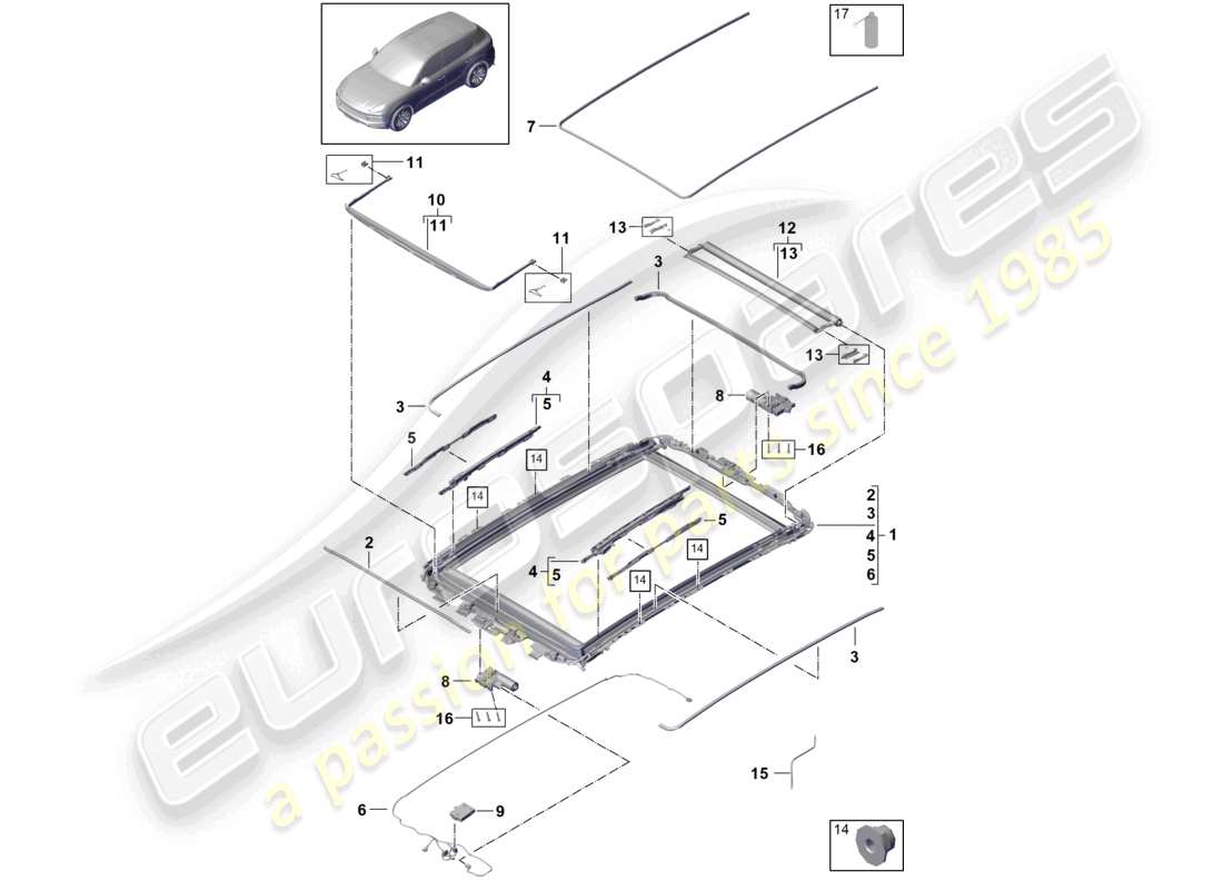 porsche 2021 (cayenne e3 9ya/9yb) schéma des pièces des accessoires du cadre de toit en verre