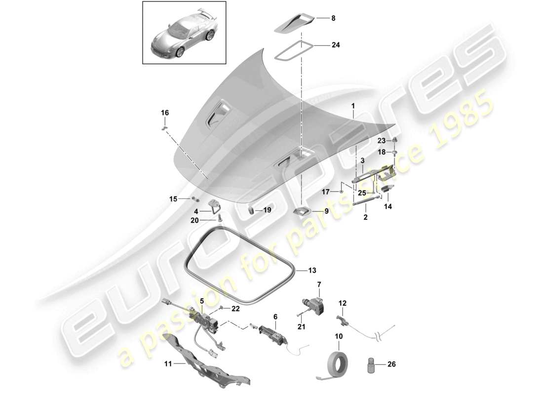 porsche 2021 (991-2 r/gt3/rs) diagramme des pièces avant du capot