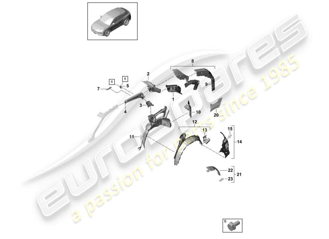 porsche 2021 (cayenne e3 9ya/9yb) partie latérale arrière, schéma des pièces intérieures du coupé