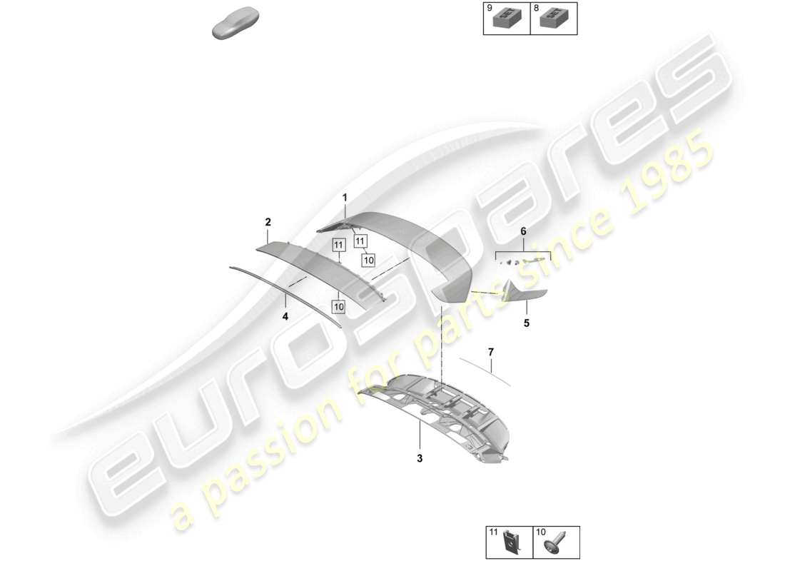 porsche 2025 (taycan 9j1-2) schéma des pièces du spoiler arrière du cuv