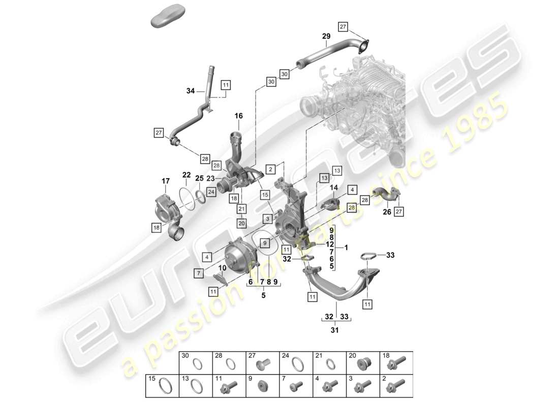 porsche 2021 (718 cayman gt4) schéma des pièces du boîtier du thermostat de la pompe à liquide de refroidissement