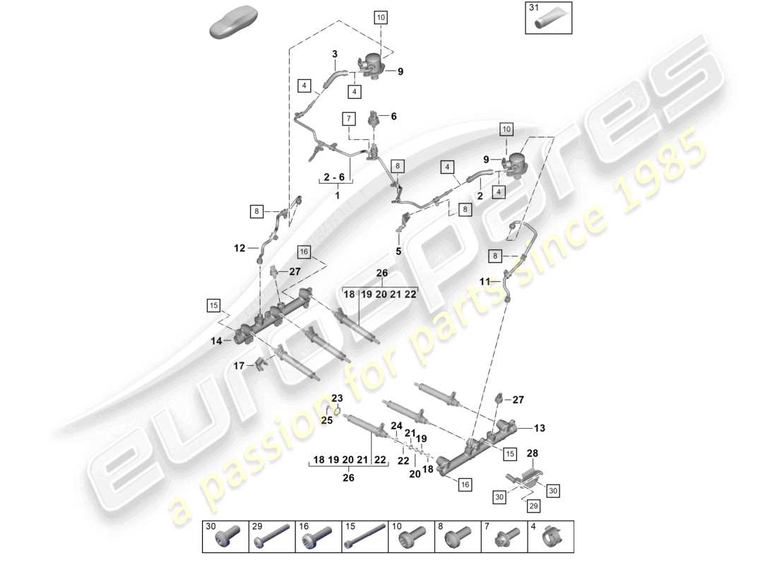 porsche 2024 (992-2) schéma des pièces de la pompe haute pression du système d'injection et de l'injecteur haute pression