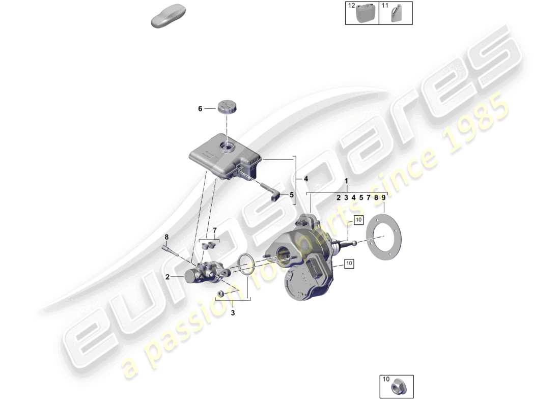 porsche 2025 (cayenne e3 pa) réservoir de servofrein avec pièces de fixation schéma des pièces du maître-cylindre de frein tandem
