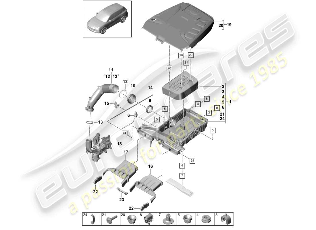 porsche 2021 (cayenne e3 9ya/9yb) filtre à air avec pièces de connexion couvercle du moteur schéma des pièces
