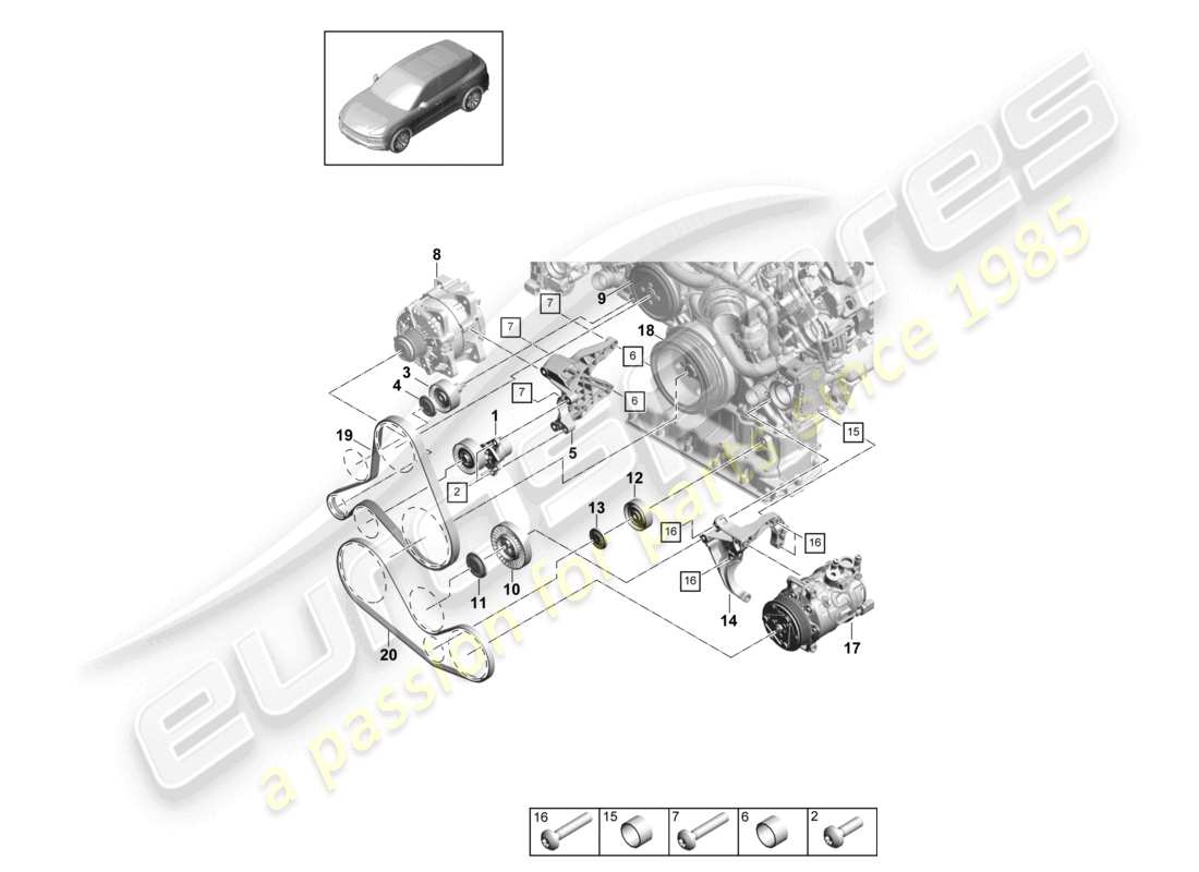 porsche 2021 (cayenne e3 9ya/9yb) diagramme des pièces du tendeur de courroie poly-v