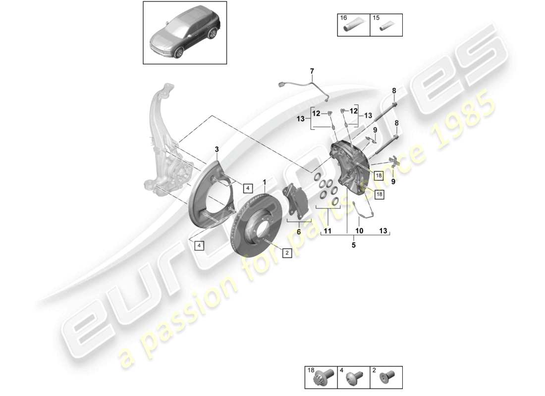 porsche 2021 (cayenne e3 9ya/9yb) frein à disque 19 schéma des pièces de l'essieu avant