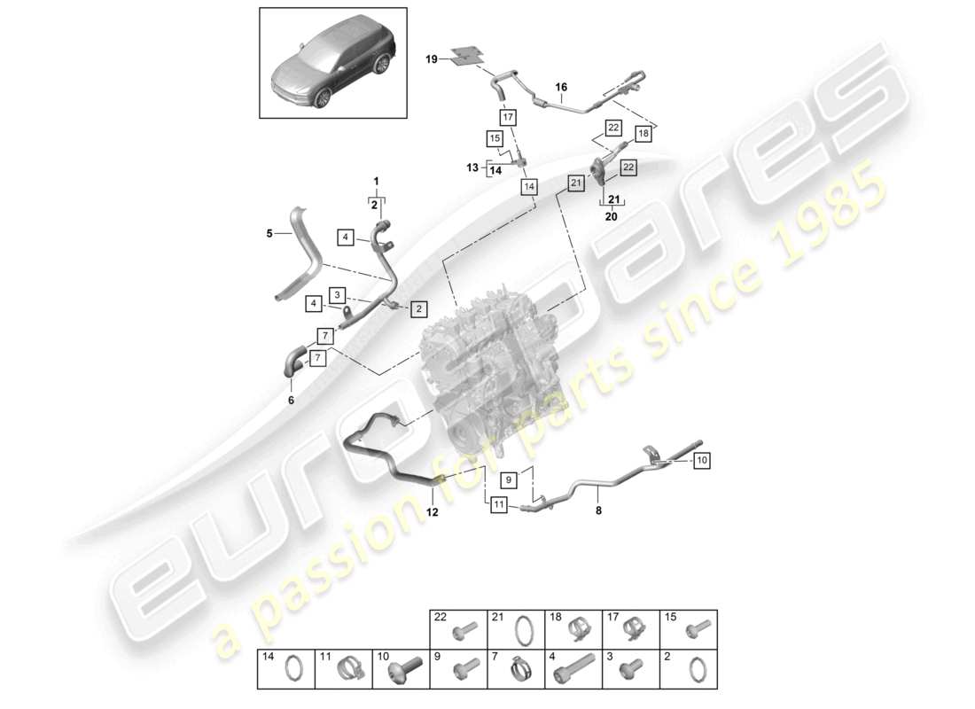 porsche 2021 (cayenne e3 9ya/9yb) système de refroidissement du liquide de refroidissement 1 schéma des pièces