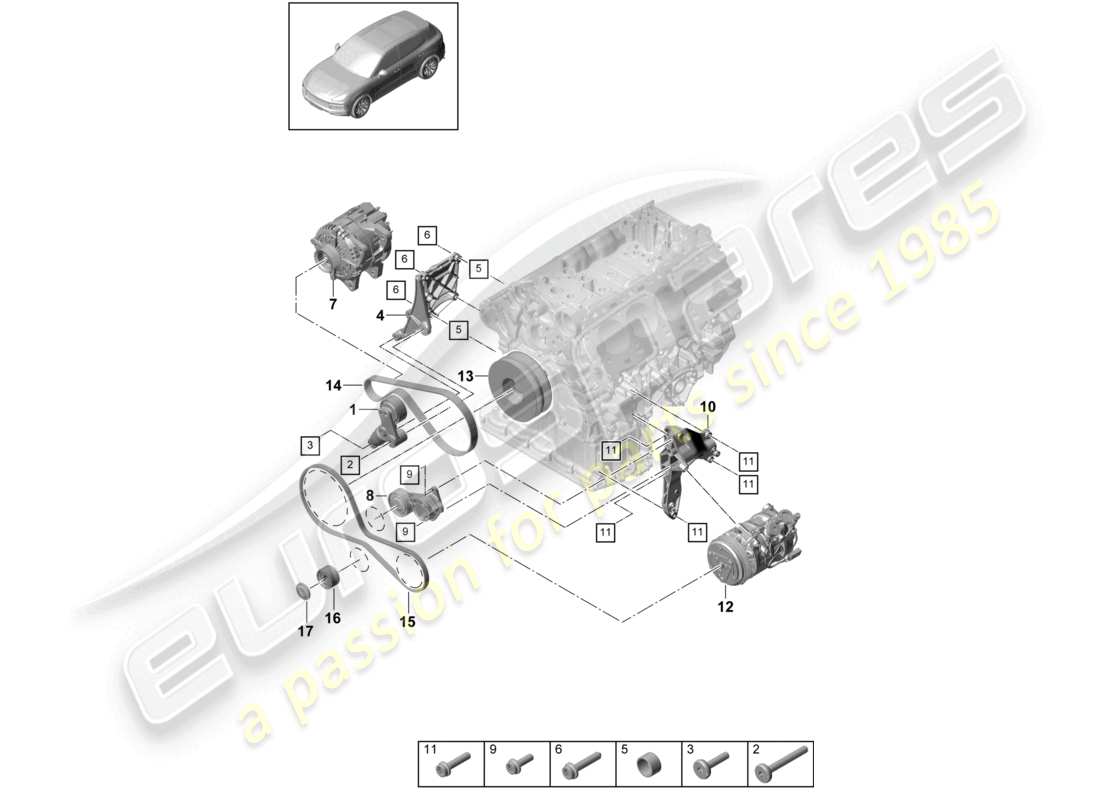 porsche 2021 (cayenne e3 9ya/9yb) diagramme des pièces du tendeur de courroie poly-v