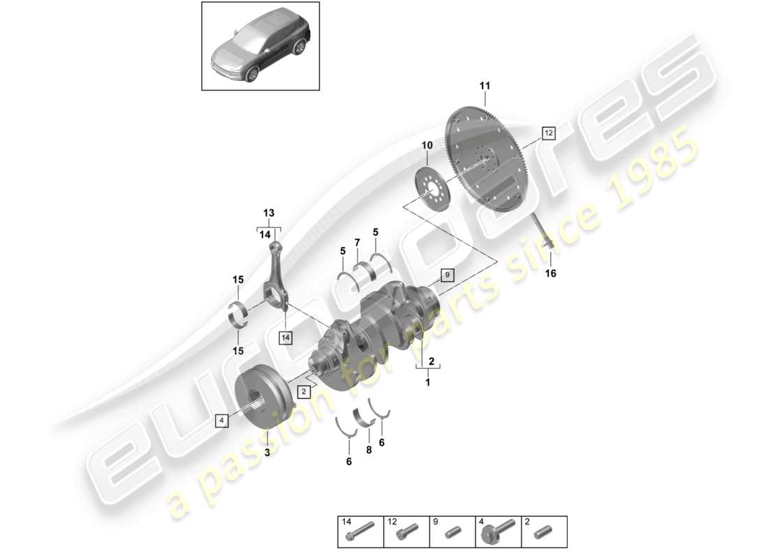 porsche 2021 (cayenne e3 9ya/9yb) schéma des pièces de la bielle du vilebrequin et du disque d'embrayage