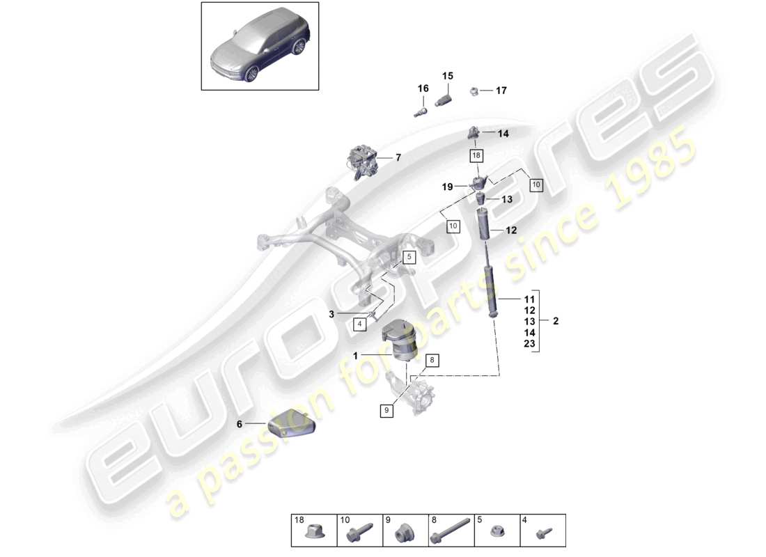 porsche 2021 (cayenne e3 9ya/9yb) suspension pneumatique, ressort pneumatique, amortisseurs, capteur de niveau, schéma des pièces