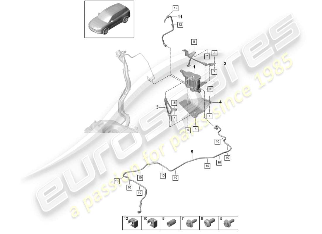 porsche 2021 (cayenne e3 9ya/9yb) récipient de charbon actif schéma des pièces
