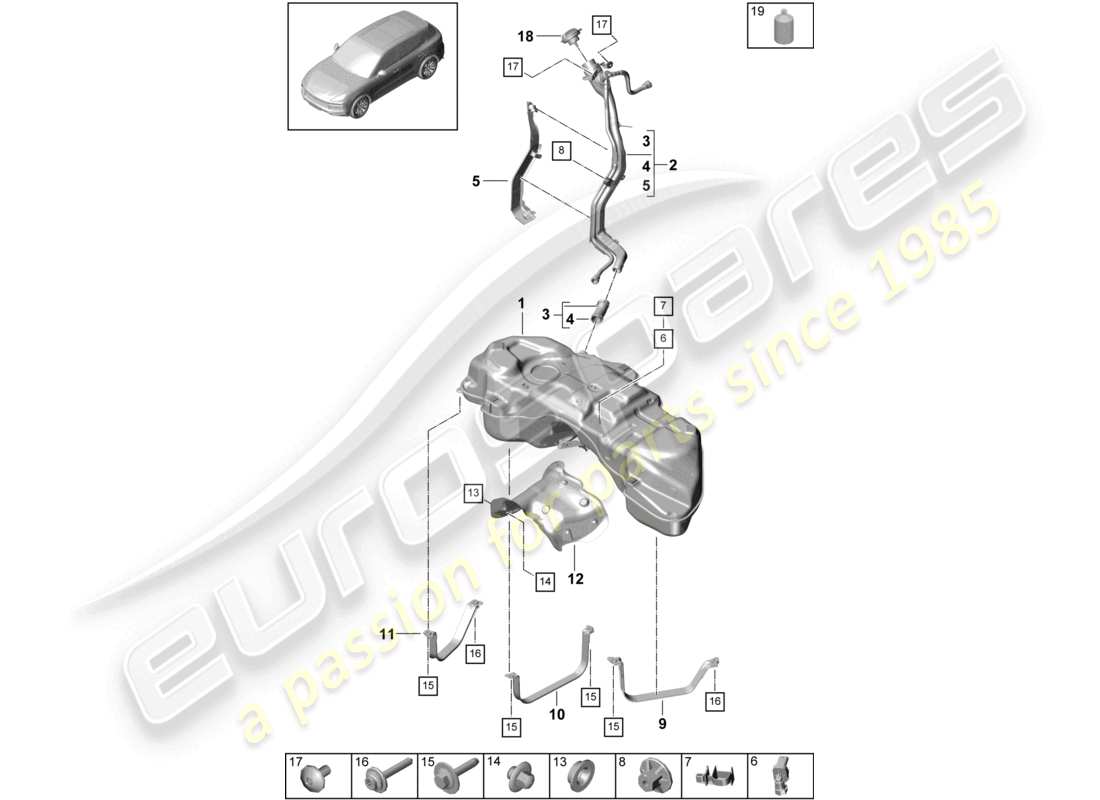 porsche 2021 (cayenne e3 9ya/9yb) réservoir de carburant avec accessoires schéma des pièces
